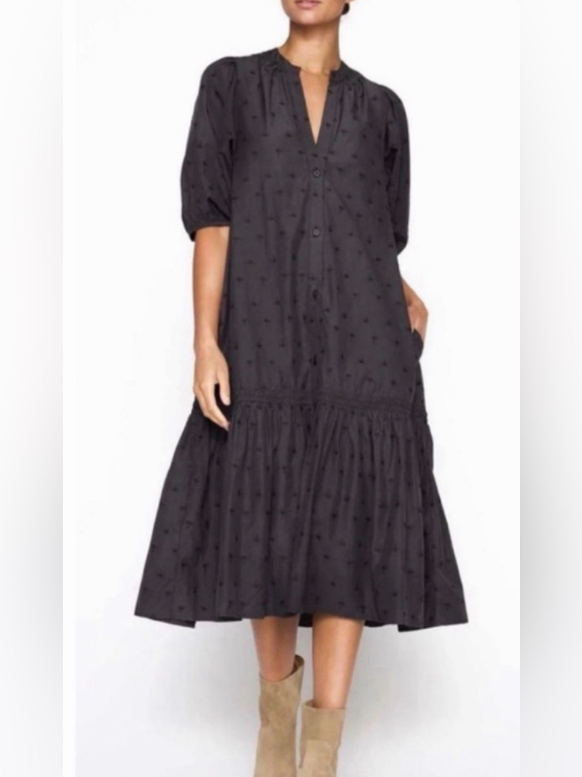 Brochu Walker Palma Dress Washed Black Embroidered Midi Dress Size S Palm Tree